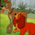 Pixelated cartoon character with brown fur and green hat holds large brown object while red bird-like creature sits on ground nearby.