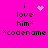 Pixelated pink background with black text reading 'i love him*' and '*codename' in four quadrants, featuring animated heart and starburst effects.