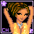 Pixel art contact sheet of a female character in various poses and text frames with purple star borders on black background.
