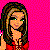 Pixelated character in red top and black pants on pink background with heart-shaped 'Hugs & Kisses' graphic.