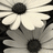 Pixelated grayscale image of a stylized figure with large circular black head and body, white wing-like shapes, and dark angular limbs against a striped background.