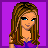 Pixel art of a female character with long brown hair and blue eyes, wearing a purple top, displayed across multiple with changing expressions and partial body views on a purple background