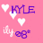 Pixelated pink background with white hearts and purple text elements showing 'KYLE', 'N', 'EILE', 'ily' followed by age numbers 28, 14, 87.