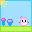 Pixel art animation of a pink bird-like character with black eyes and orange beak, surrounded by floating hearts and 'angel!' text in various colors against light blue background.