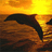 A pixelated image shows a dark silhouette of a dolphin leaping from brownish water under an orange-yellow sky with bright yellow sun.