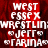 Red and black pixelated background with white text reading 'WEST ESSEX WRESTLING JEFF FARINA' in blocky font, repeated across multiple