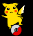 Yellow cartoon character with red cheeks and black eyes stands on a red-and-white spherical object against a black background.