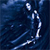 A pixelated blue-toned image shows a stylized figure in motion against a dark blue background with scattered light blue dots.