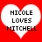 Two white heart shapes on a red background with black text reading NICOLE LOVES MITCHELL inside each heart.