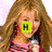 six pixelated images showing a woman with long blonde hair in various poses and outfits, each overlaid with colored text boxes