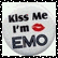 Circular icon with text 'kiss me I'm EMO' and a red lips symbol, bordered by black-and-white dotted frame.