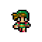 Pixel art character with green hair and brown highlights, wearing a checkered top and pink shoes, shown in two poses against gray background.