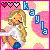 Pixelated icon of a blonde girl in white dress with blue accents, holding musical notes against pink and yellow gradient background.