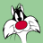 Pixelated cartoon character with black and white head, red oval chest marking, and wing-like appendages on a solid green background.