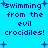 Blue background with dark blue pixelated text reading "swimming from the evil crocodiles!" repeated twice, surrounded by small plus signs.