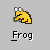 Pixelated yellow frog with black outline and white eyes, positioned above the word 'Frog' in blocky font on gray background.