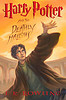Static image of a Harry Potter book cover featuring the title, author name, and an illustration of a character with raised arm against a golden sky background.