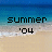 A beach scene with blue water and sand, featuring pixelated text that changes across frames.