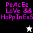Pixelated text 'PeAcEe LoVe && HaPpInEsS' in magenta on black, white, and gray backgrounds with a star icon changing from white to black.