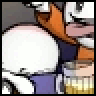 Pixelated static image of a cartoon character in mid-action with visible body parts and clothing details against a gray background.