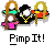 Pixel art of three figures with white faces, one holding a pink object and another wearing gold chains, below text reading "Pimp It!" on gray background.