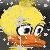 Pixelated cartoon duck with large yellow head, orange beak, and wide eyes against dark background.