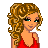 Pixel art contact sheet showing a female character in red outfit with multiple poses and text elements on black backgrounds.