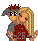Pixel art buddy icon of two cartoon characters in a close embrace, one with brown spiky hair and dark glasses, the other with long blonde hair, both wearing red tops against a gray background.