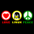Three pixelated circular icons with red, yellow, and green color schemes display heart, camera, and peace symbols above corresponding text labels.