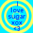 Four identical circular icons with yellow concentric rings on a blue background, each containing blue text and symbols.