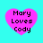 Four pink heart-shaped icons with black text reading "Mary Loves Cody" on a cyan background, each heart has a slightly different pixelated appearance.