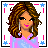 Pixel art contact sheet of a female character in various poses and outfits with text frames, featuring pink and blue color scheme on gray background.