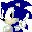 Pixelated character with white face, black eyes, and orange beak in two poses against blue background with gray accents.