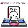 Animated contact sheet of a white rabbit character dancing on a dance pad with blue and pink buttons, surrounded by repeating "dance, damn you!" text in red.