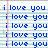 Blue pixelated text 'i love you' repeated five times on a light blue striped background with faint pink vertical line.