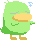 Pixelated green cartoon bird with yellow beak and brown feet, shown in six variations of closed-eye expressions and floating musical notes.