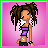 Pixel art contact sheet showing three frames of an animated buddy icon with a female character and text variants on pink backgrounds.