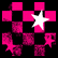 Pixelated pink and black checkerboard with white star, adjacent to pink skull and crossbones on black background.