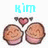 Pixelated cartoon-style icon with two smiling round faces, a pink heart above them, and cyan text reading 'kim loves muppins' on a white background.