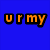 Blue background with orange pixelated text reading 'ur my every thing I love u!' above two static images: a sunset over water with silhouetted figures and a close-up of a person's face.