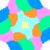 A static, pixelated pattern of overlapping colored shapes in blue, green, orange, pink, and light blue with a central yellow square on white background.