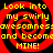 Four identical red and black spiral patterns with yellow text reading "Look into my swirly awesomeness and become MINE!" arranged in a on a solid black background