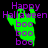 Green ghost-shaped figure with purple text 'Happy Halloween' and 'boo' repeated three times on black background.