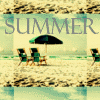 A static beach scene with two green chairs under a black umbrella on sandy shore, overlaid with large gray 'SUMMER' text.