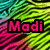 Pixelated image with vibrant green and pink background displaying 'Madi' in bold magenta text on black block.