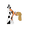 Pixelated avatar of a cow-headed figure with orange skin, white and black spotted body, and blonde curly hair, bending forward with blue eyes and a yellow strand of hair.