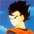 Pixelated image of a character with dark spiky hair, closed eyes, and an orange garment against a blue background.
