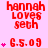 Red pixelated text "hannah loves seth" and date "G.5.09" on pink background with varying numbers of small pink hearts.