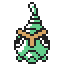 Pixel art of a green, round character with white spots and brown straps on its head, shown in multiple animated states against gray background.