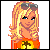Pixel art of a blonde woman with sunglasses on head, wearing orange top and white pants, holding an orange bag.